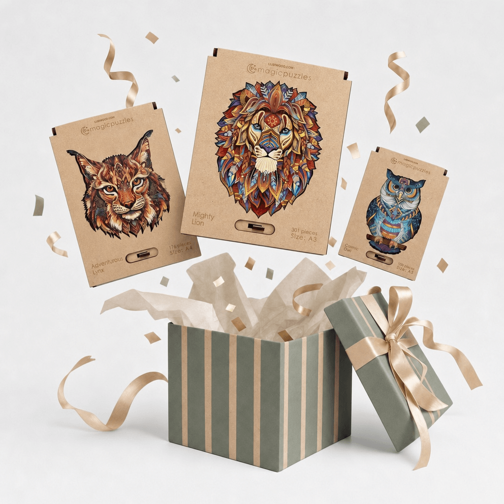 Gift box with wooden animal puzzle boxes bursting out with confetti